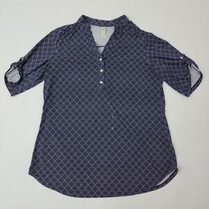 PerSeption Concept Womens XL Navy Blue Medallion Print Roll Tab Sleeve Blouse